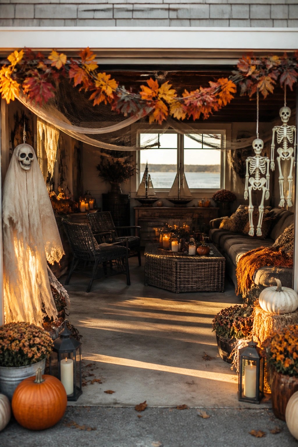 Garage party space decorated with hanging plastic skeletons, a tall ghost figure, spiderwebs, and autumn leaf garlands across the open doorway.
