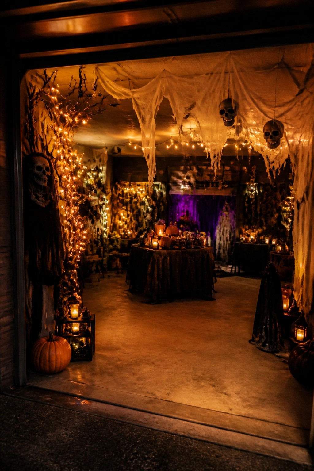 Garage space set up for a Halloween party with multiple skulls hanging from the ceiling amid torn white fabric and string lights.