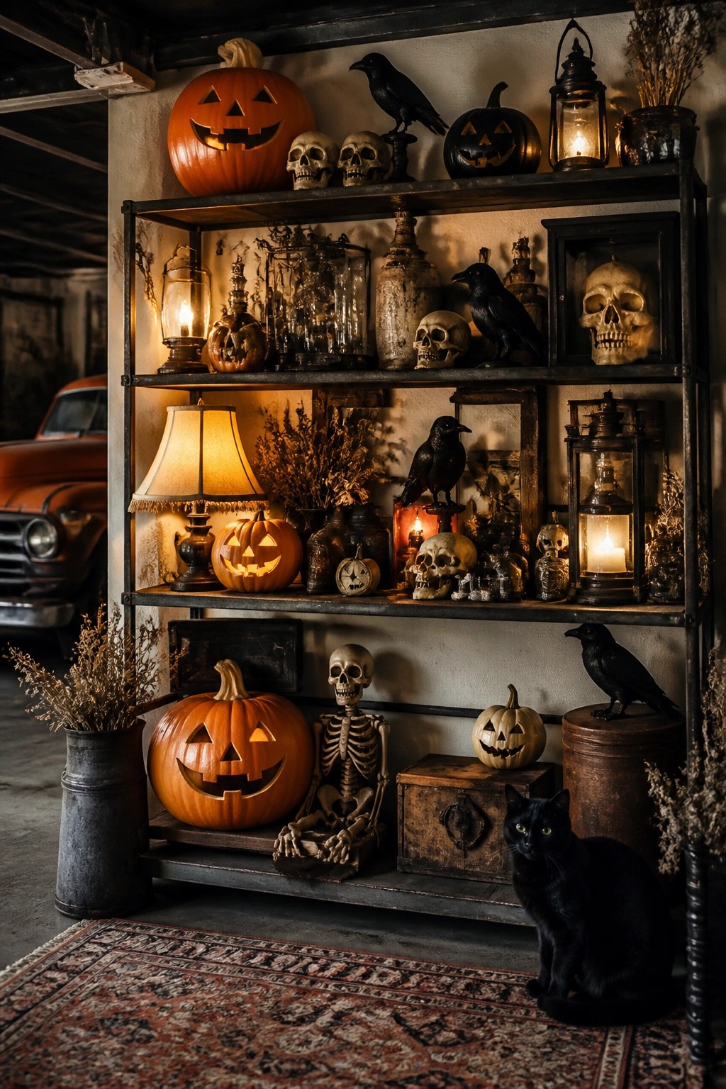 Garage shelving unit displaying multiple carved jack-o'-lanterns, skulls, black crows, and lanterns with a skeleton figure on the bottom shelf.