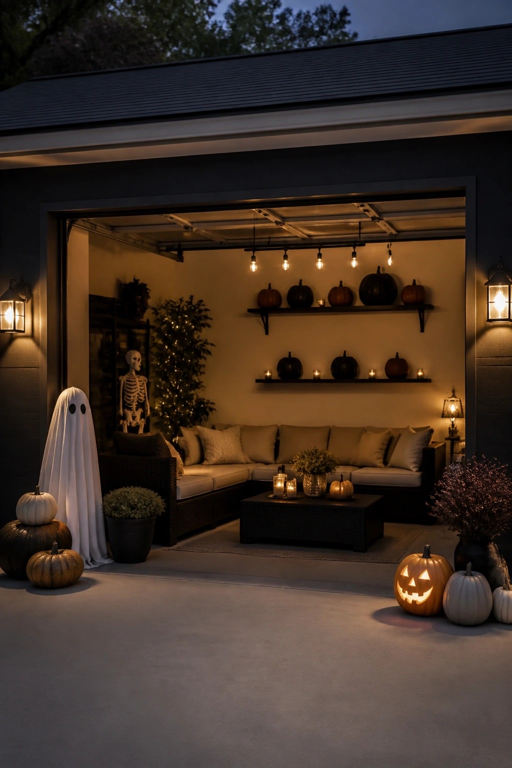 Open garage set up for a Halloween party showing a white sheet ghost, a standing skeleton, pumpkins on wall shelves, string lights, and a glowing jack o lantern near a dark sectional sofa.