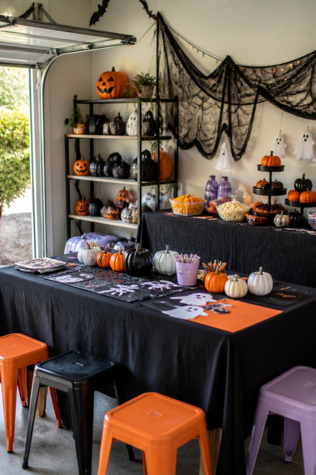 Garage party table set with small pumpkins, markers, and Halloween placemats on black tablecloths, surrounded by additional pumpkins and black draping.