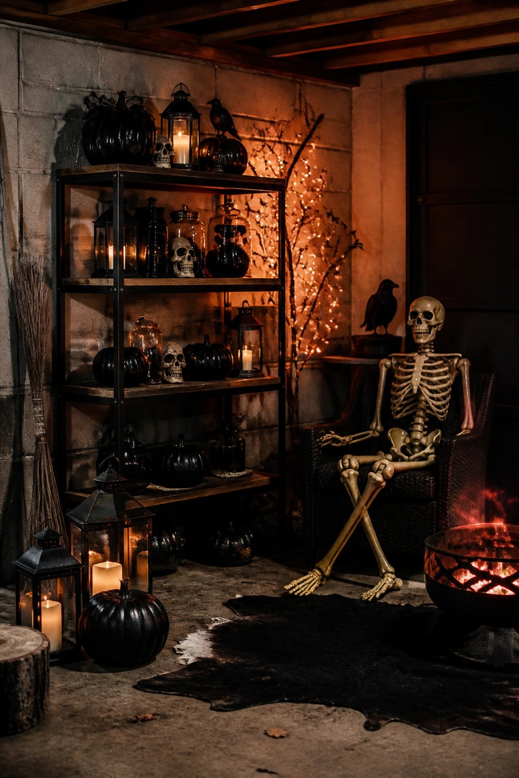 A skeleton seated in a chair next to a fire pit with shelves of skulls, black pumpkins, and lanterns in the background.