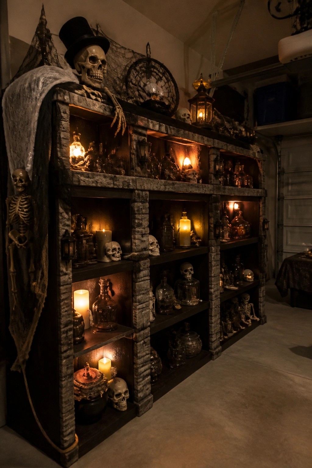 Garage built-in shelves filled with skeletons, skulls, glass bottles, and lit candles as Halloween decor.