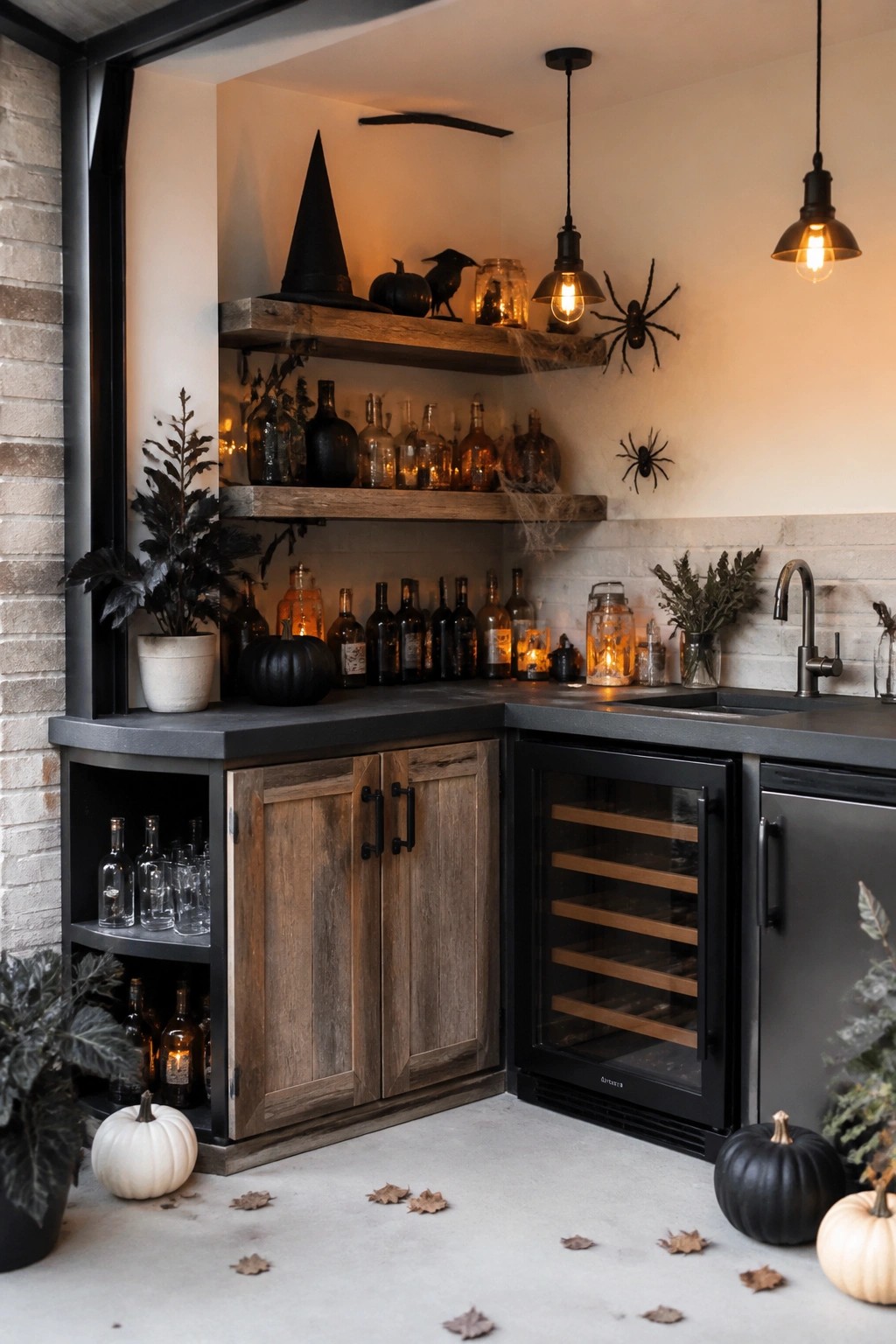 Kitchen bar area with wooden shelves holding a black witch hat, crow, spiders, and bottles arranged for Halloween.