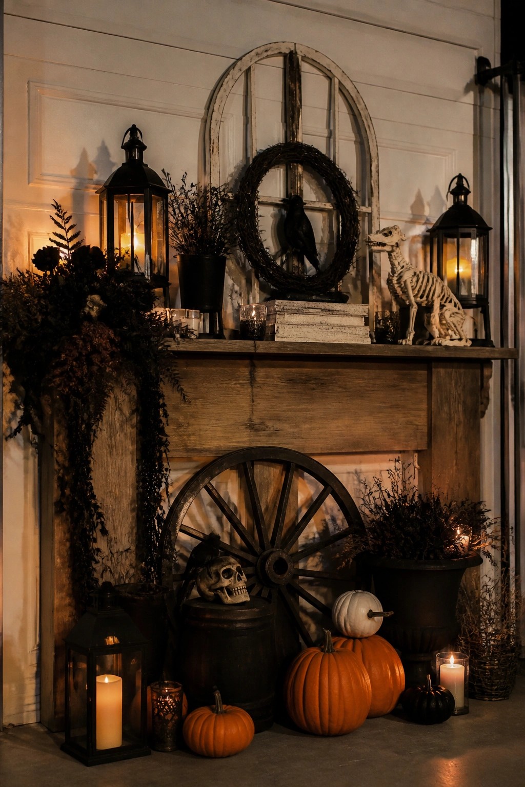 Wooden fireplace mantel styled with a skeleton figure, crow wreath, skulls, and orange pumpkins on the floor below.