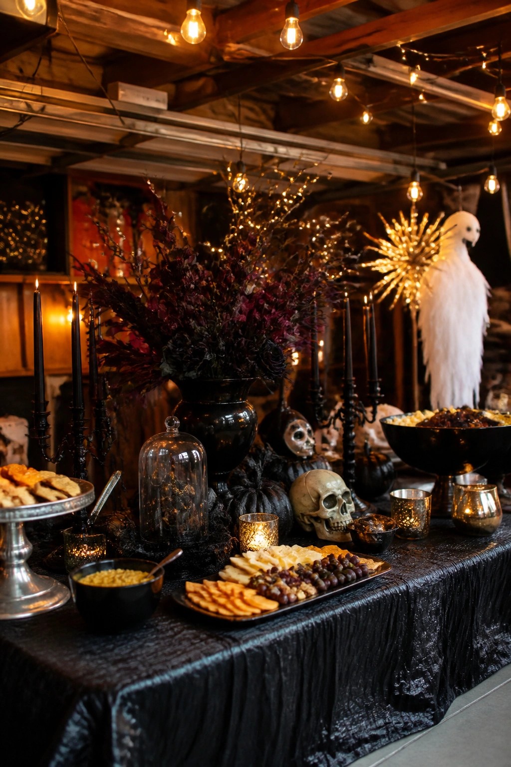Long black-covered party table set with cheese boards, skulls, black candles, and a large white ghost figure standing behind it.
