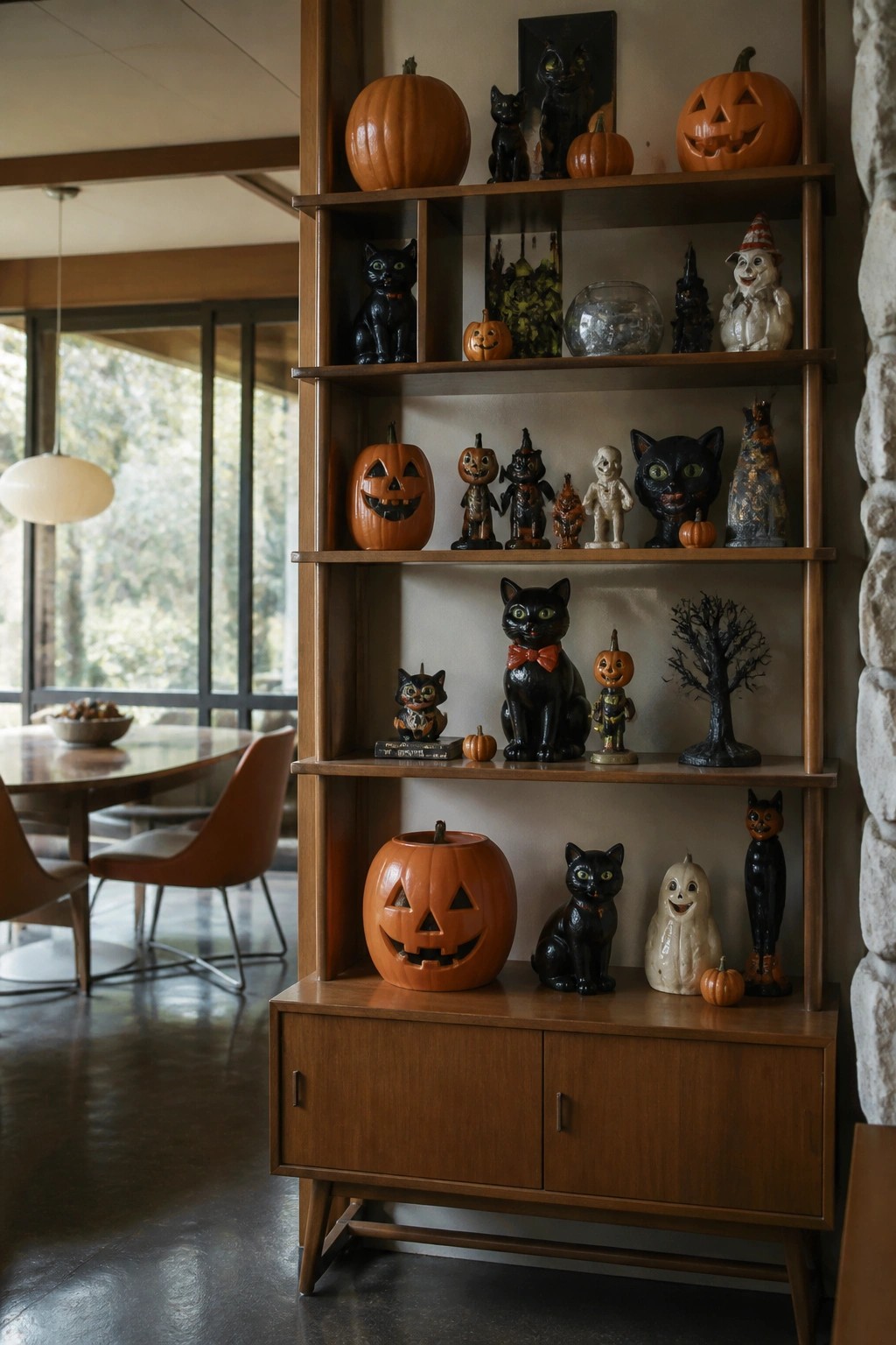 Wooden built-in shelves filled with vintage Halloween jack-o'-lanterns, black cat figures, ghosts, and other collectible decorations.