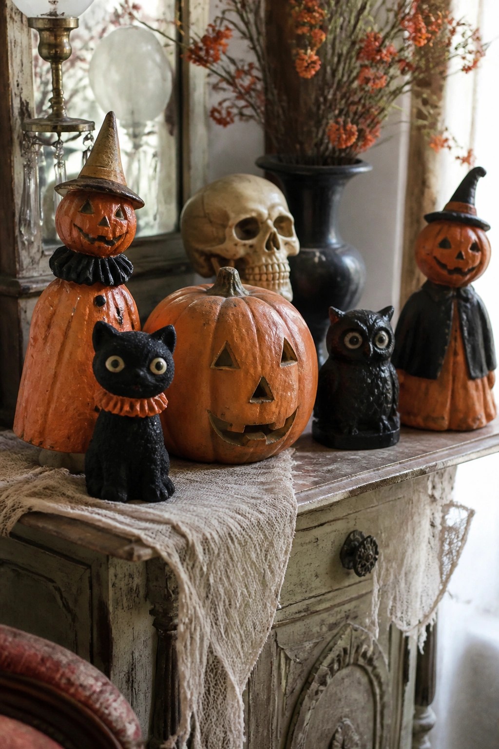 Vintage Halloween figurines including jack o lantern people in witch hats, a black cat, an owl, a skull, and a carved pumpkin arranged on a distressed console table.