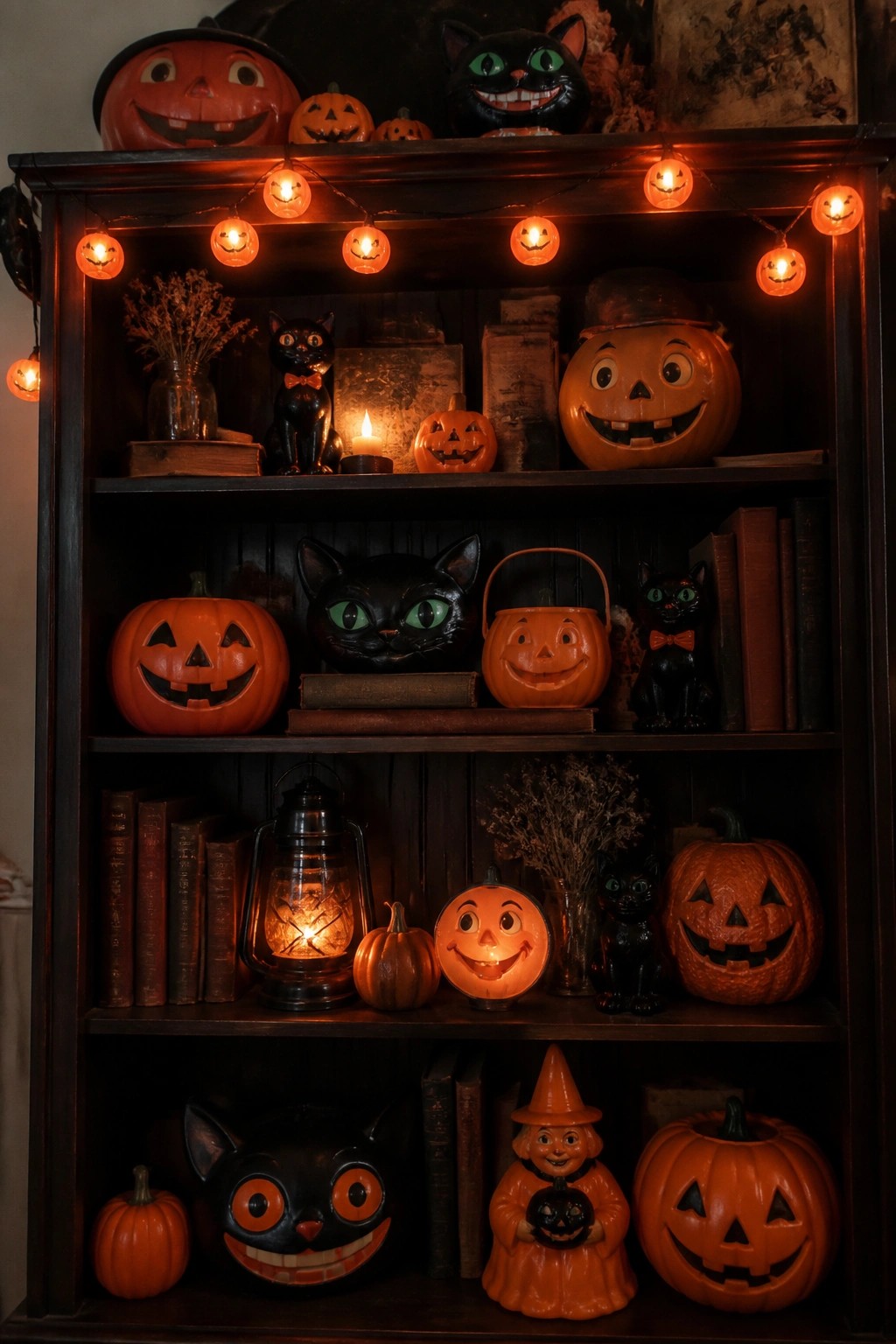 Dark wooden shelves filled with glowing jack-o'-lanterns, black cats, books, and orange lights.
