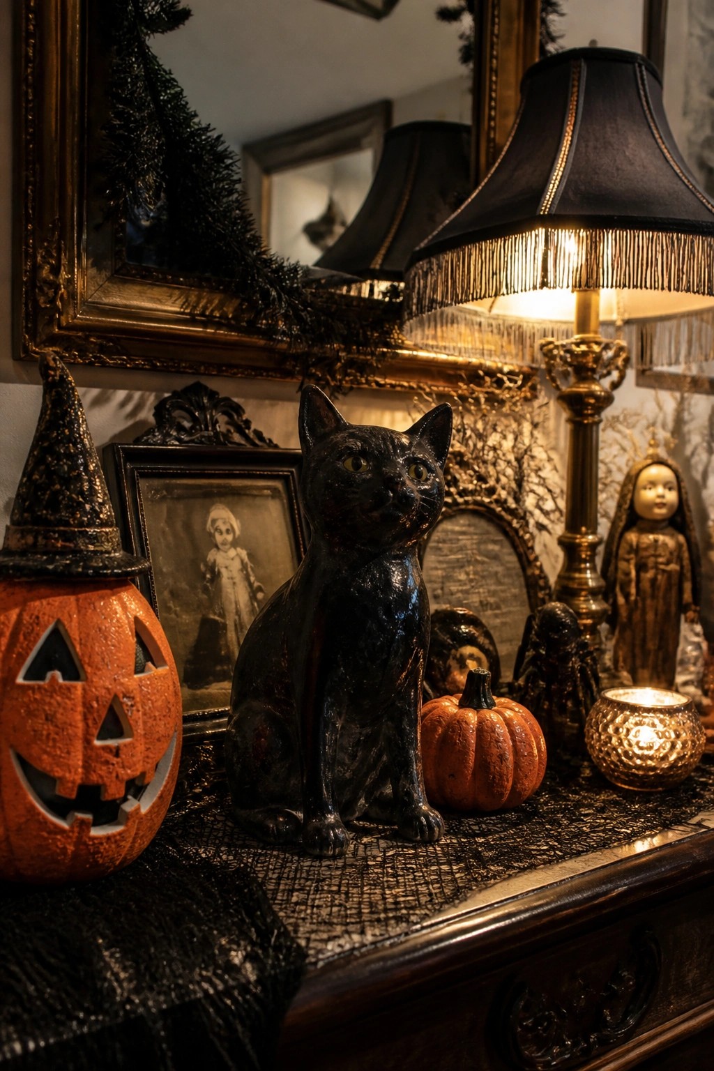Black cat figurine displayed on a dark console with a carved jack-o'-lantern, old framed photo, small pumpkin, and vintage dolls.