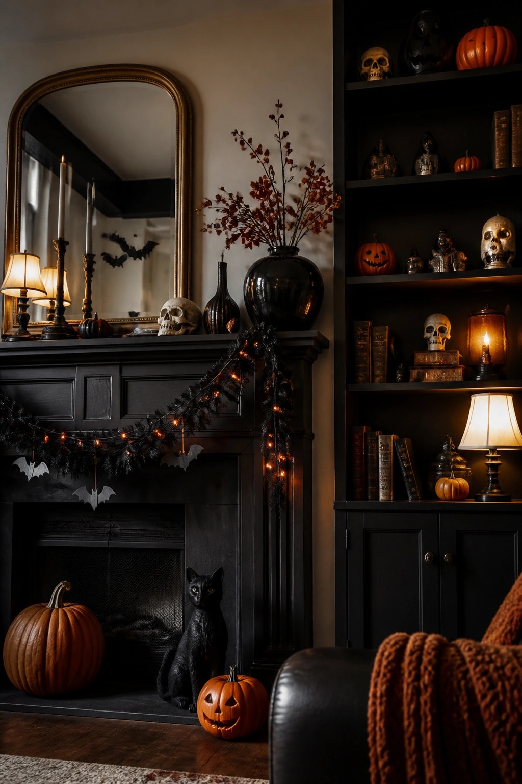 Dark fireplace mantel styled with a bat garland, skulls, candles, and a black cat figure for Halloween.