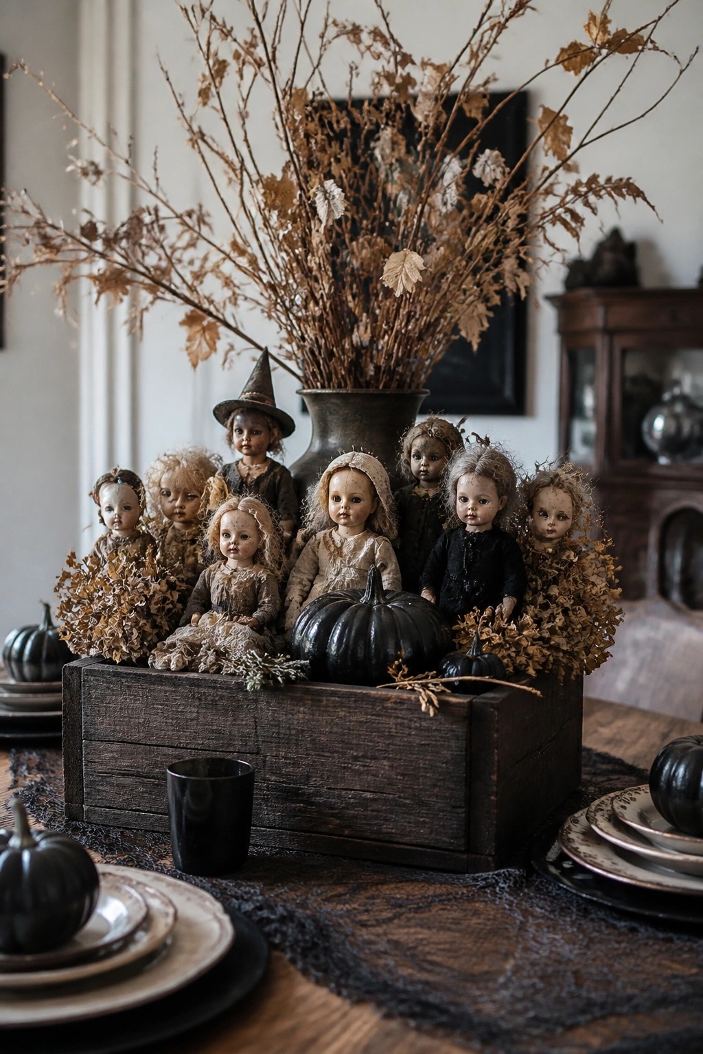 Vintage dolls with dried leaves and black pumpkins in rustic wooden box on table