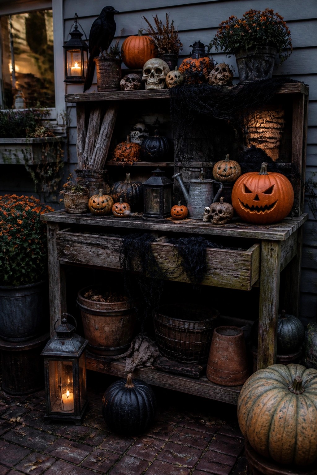 A weathered wooden hutch on a brick patio filled with skulls, carved jack-o'-lanterns, a black crow, and old lanterns.