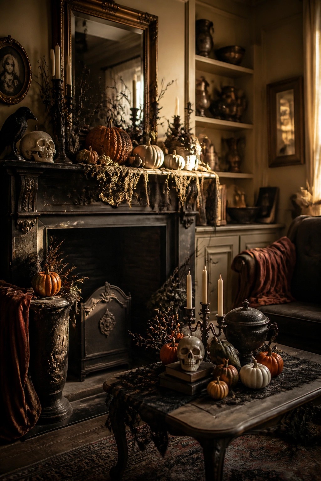 Ornate dark fireplace mantel styled with skulls, candelabras, small pumpkins, and dried branches for a vintage Halloween look.