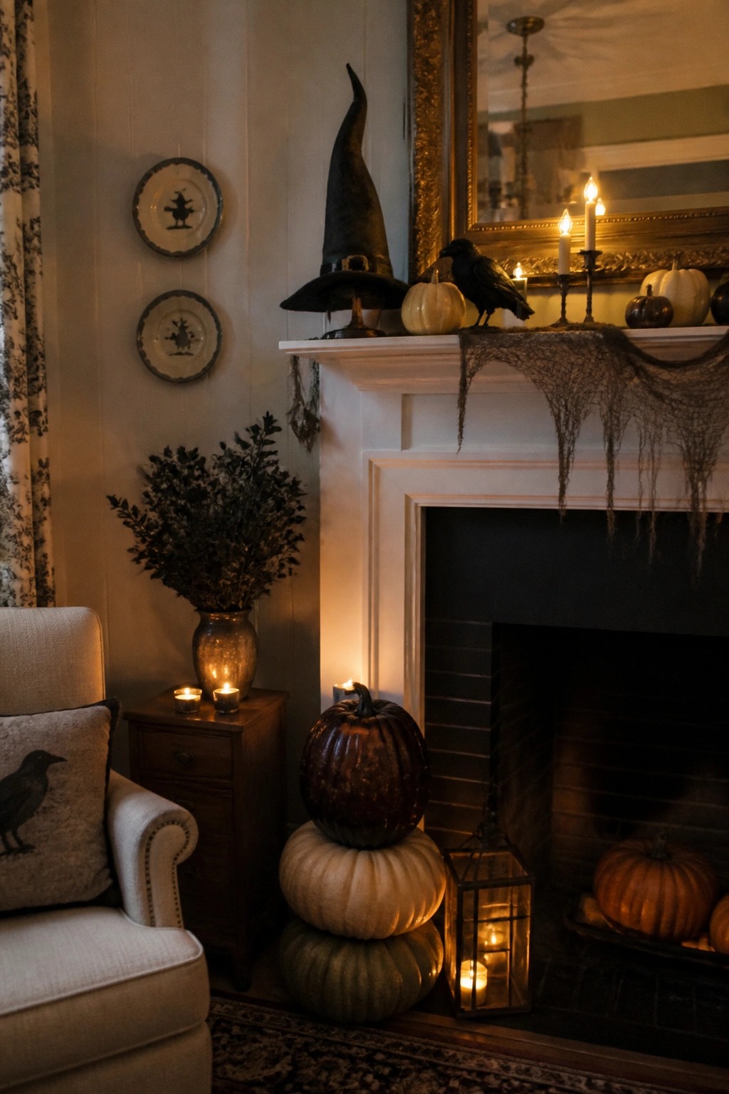 Fireplace mantel with witch hat, crow, pumpkins, candles, spiderwebs, and stacked gourds nearby
