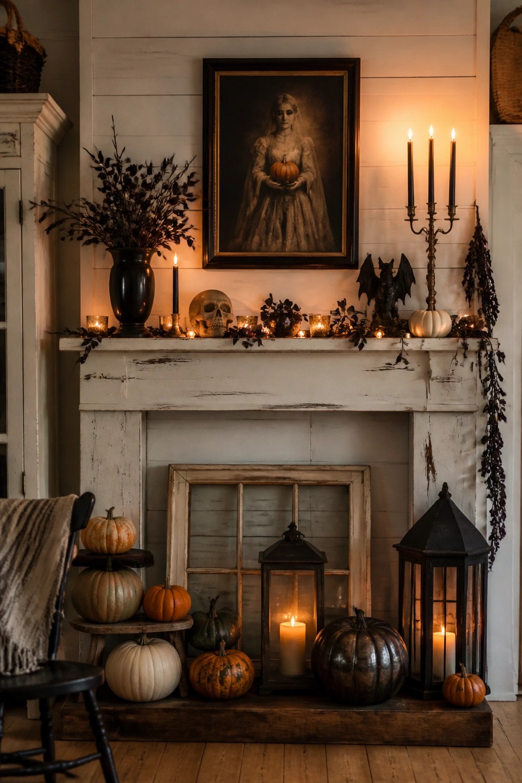 White distressed fireplace mantel decorated with a large vintage-style portrait of a woman holding a pumpkin, a human skull, a black bat figure, black candles, and small pumpkins.