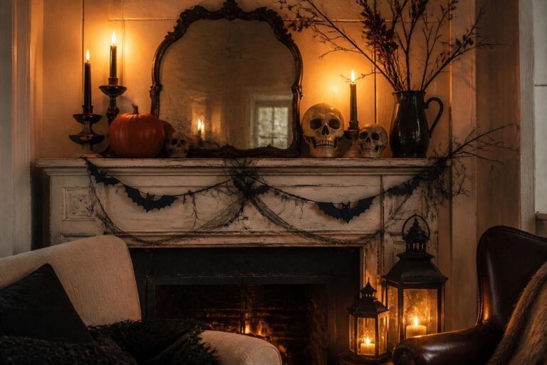 White distressed fireplace mantel decorated with a large vintage-style portrait of a woman holding a pumpkin, a human skull, a black bat figure, black candles, and small pumpkins.