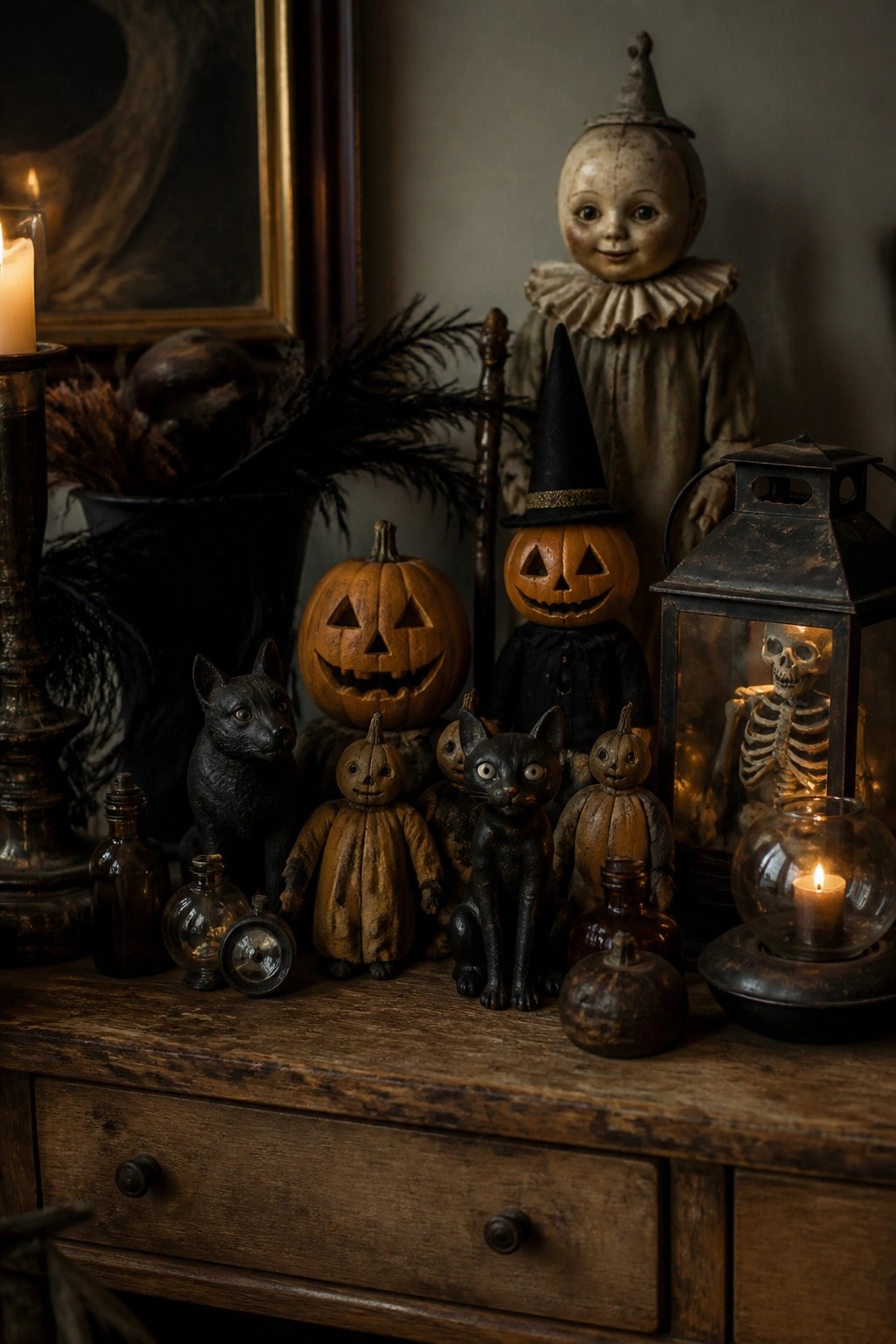 A wooden table holds vintage Halloween decorations with carved pumpkins, black cat figures, a doll in a witch hat, and a skeleton inside a lantern.