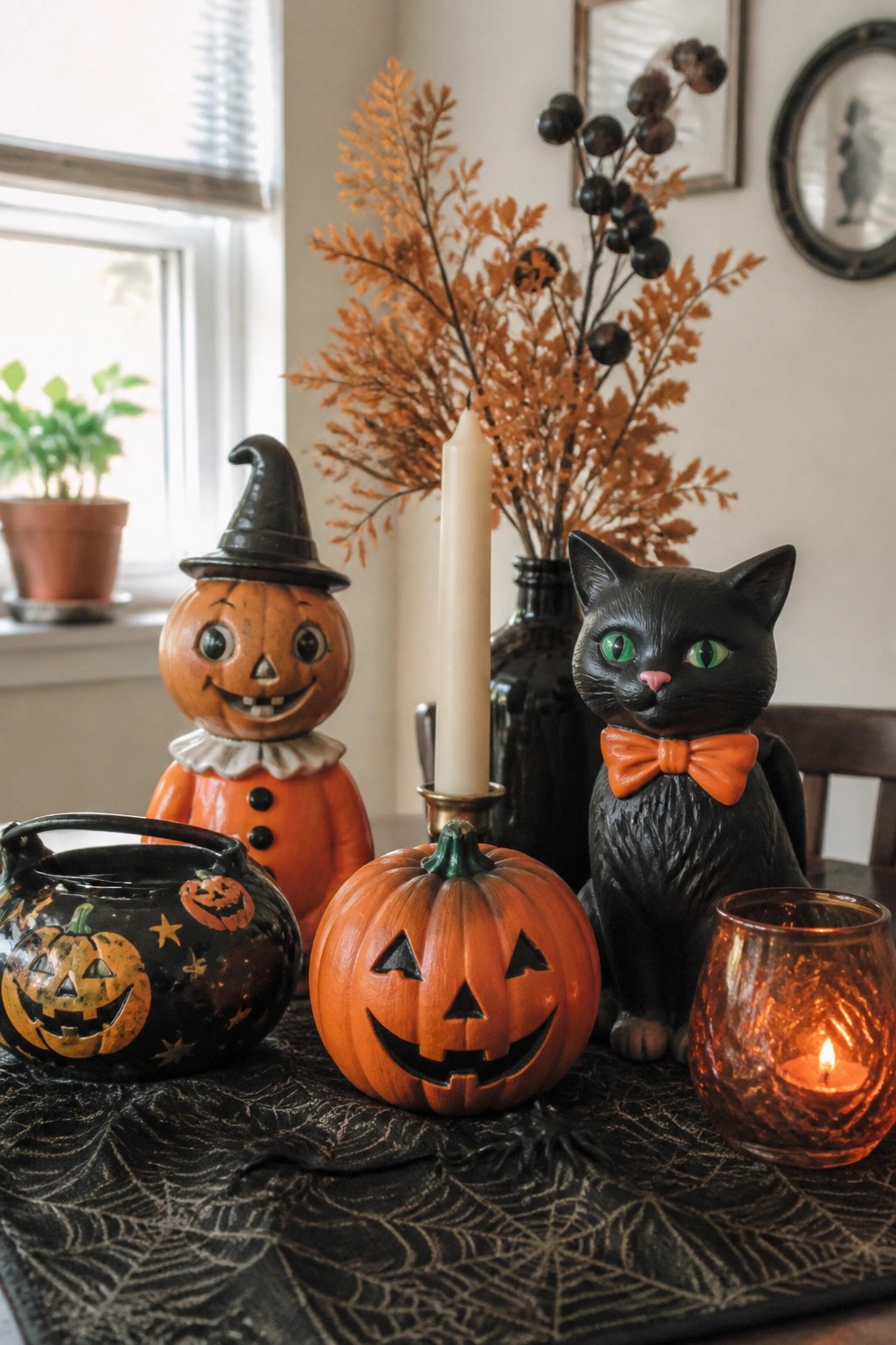 A tabletop arrangement of vintage Halloween decorations including a black cat figurine with an orange bow, a scarecrow-style pumpkin, carved jack-o'-lanterns, and a lit candle on a black spiderweb cloth.