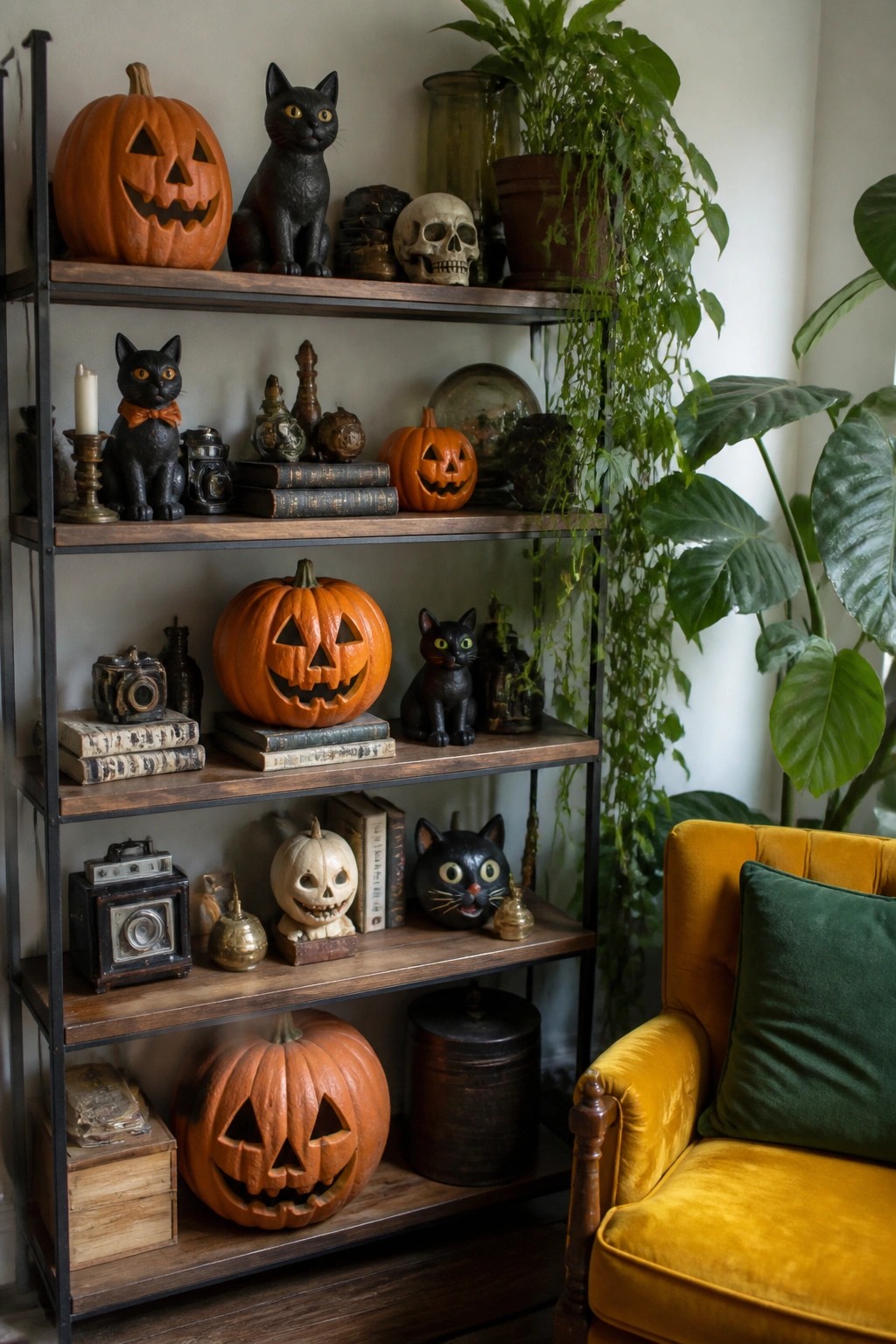 Open wooden shelves in a living room holding multiple carved jack o lanterns, black cat figurines, skulls, and vintage books.