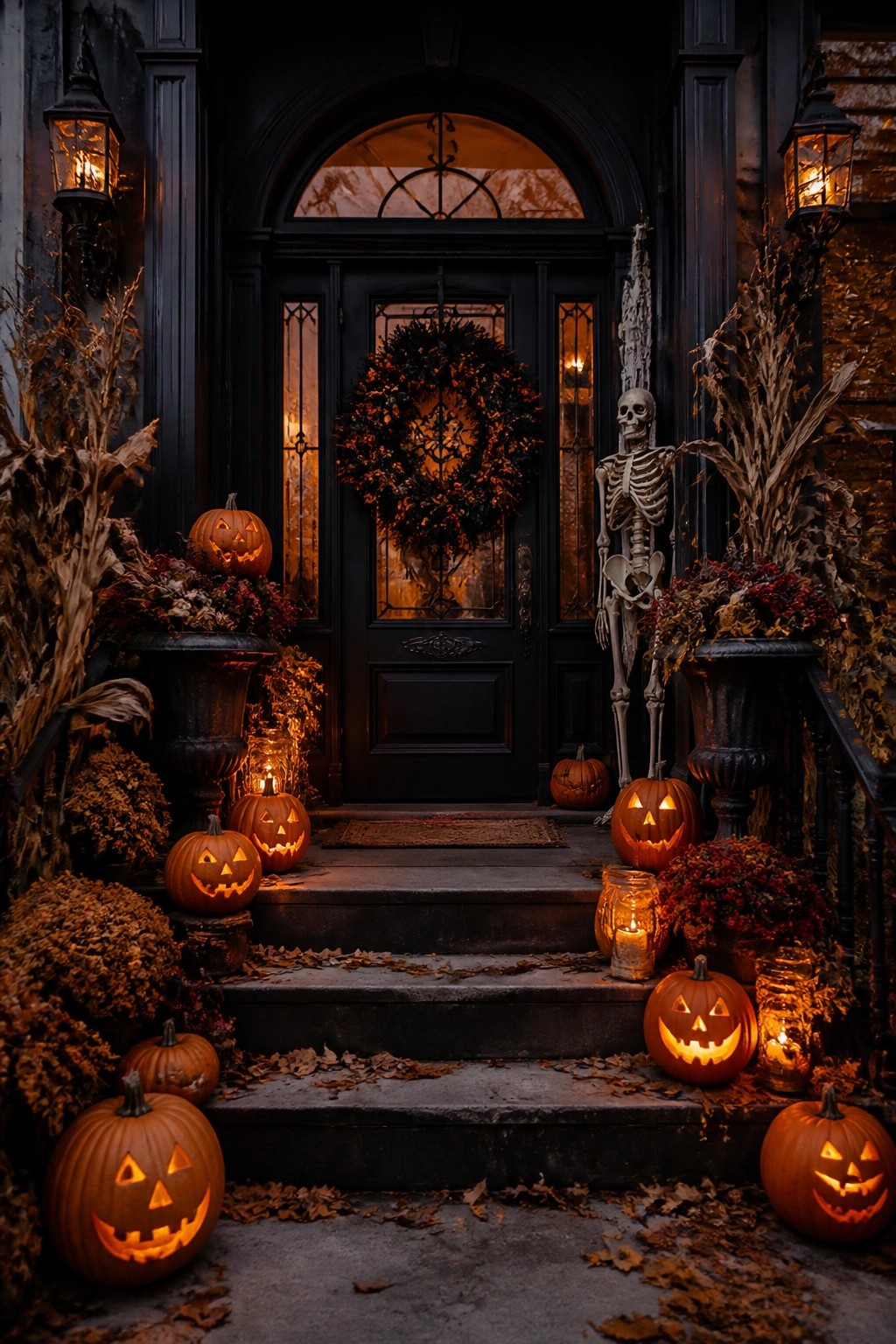 Front porch steps leading to a black door, featuring a standing skeleton, multiple carved jack-o'-lanterns, and lanterns.