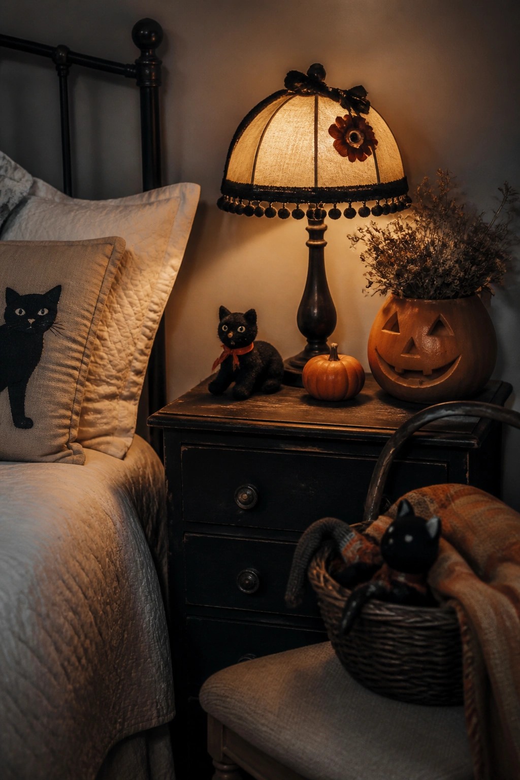 Bedroom nightstand holding a glowing lamp, small black cat figurine, tiny pumpkin, and a carved jack-o'-lantern filled with dried flowers next to the bed.