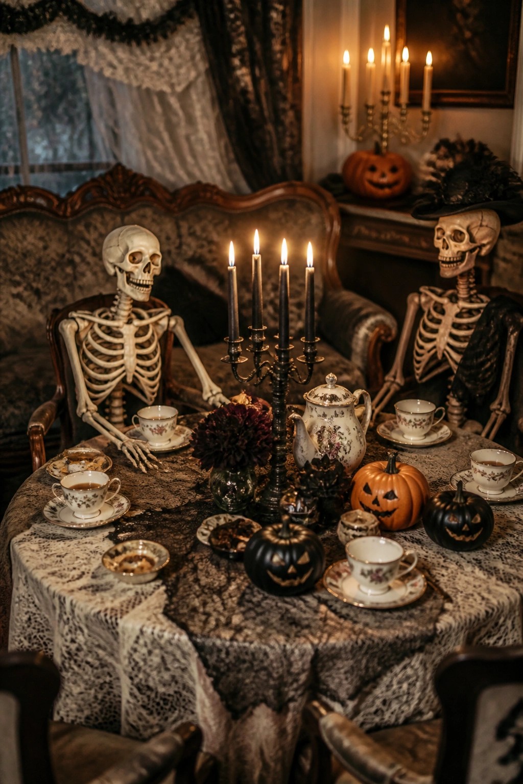 Vintage dining table with two skeletons seated among teacups, black candles, and small carved pumpkins.
