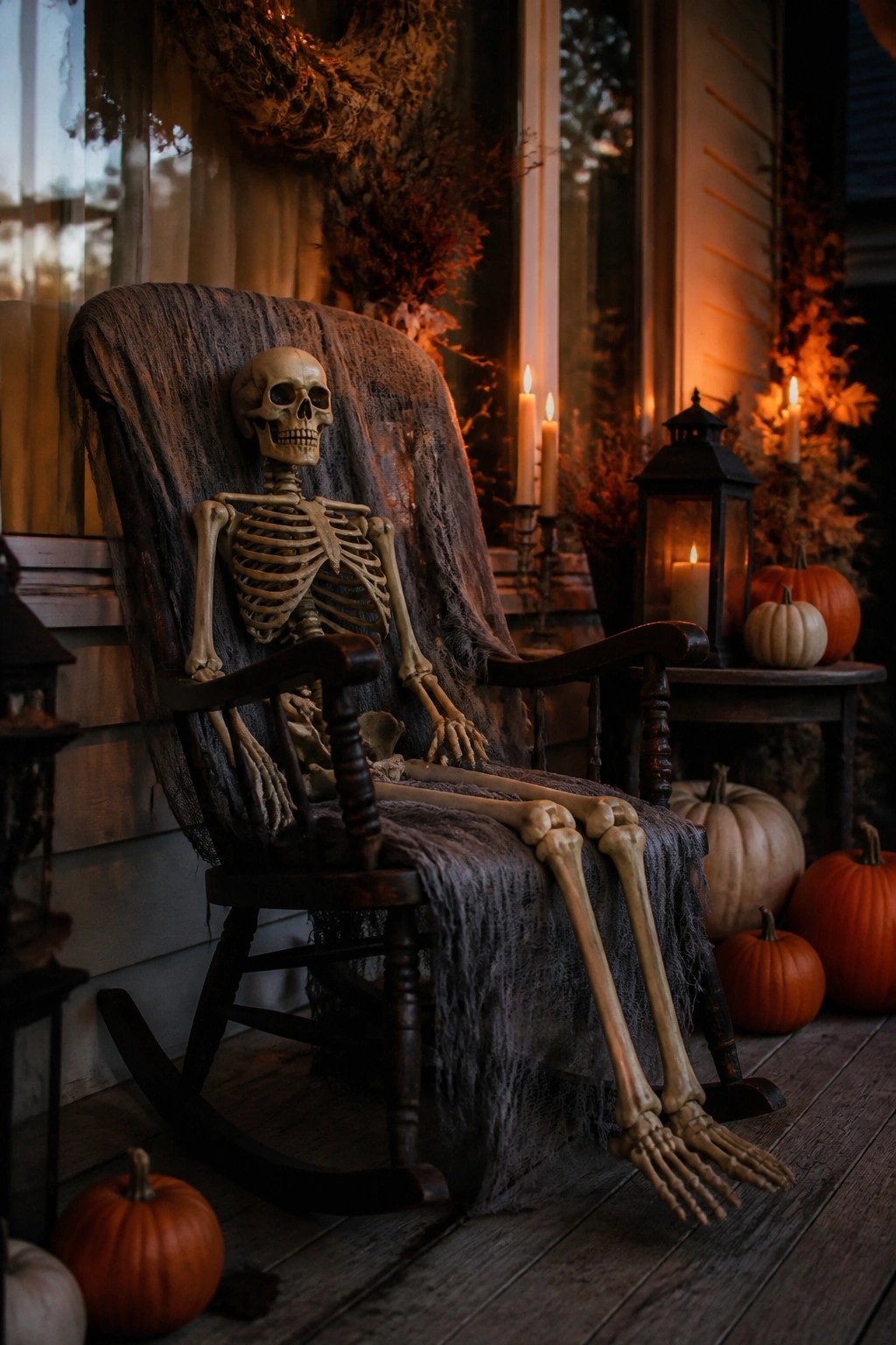 A skeleton seated in a wooden rocking chair on a front porch surrounded by pumpkins and lit candles.