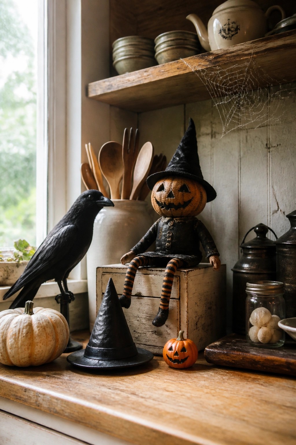 A vintage pumpkin-headed witch doll in a black hat sits on a wooden box next to a black crow on a kitchen windowsill.