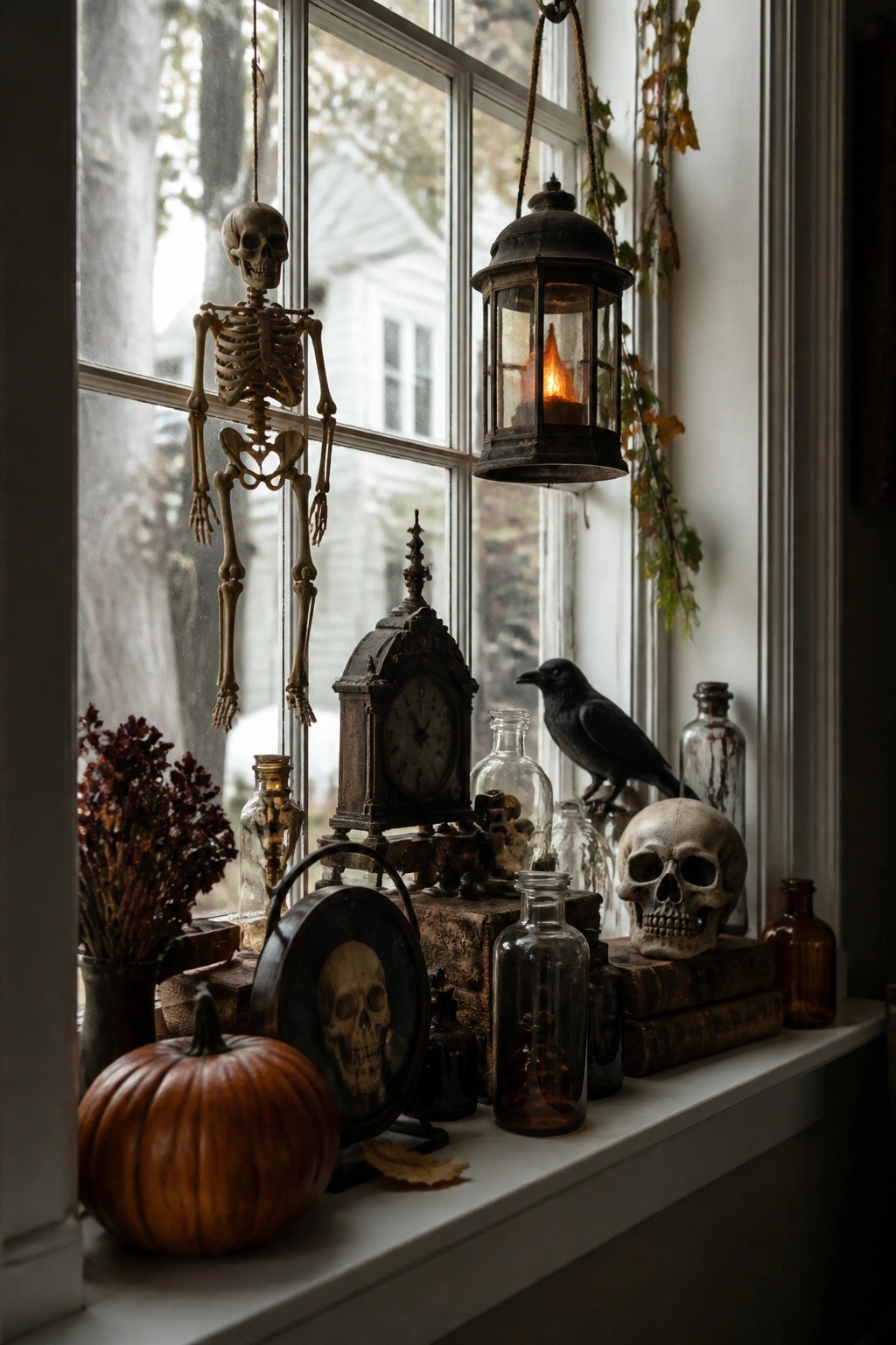 A windowsill arranged with a hanging skeleton, human skulls, a black bird figure, an old lantern, and glass bottles for a vintage Halloween display.