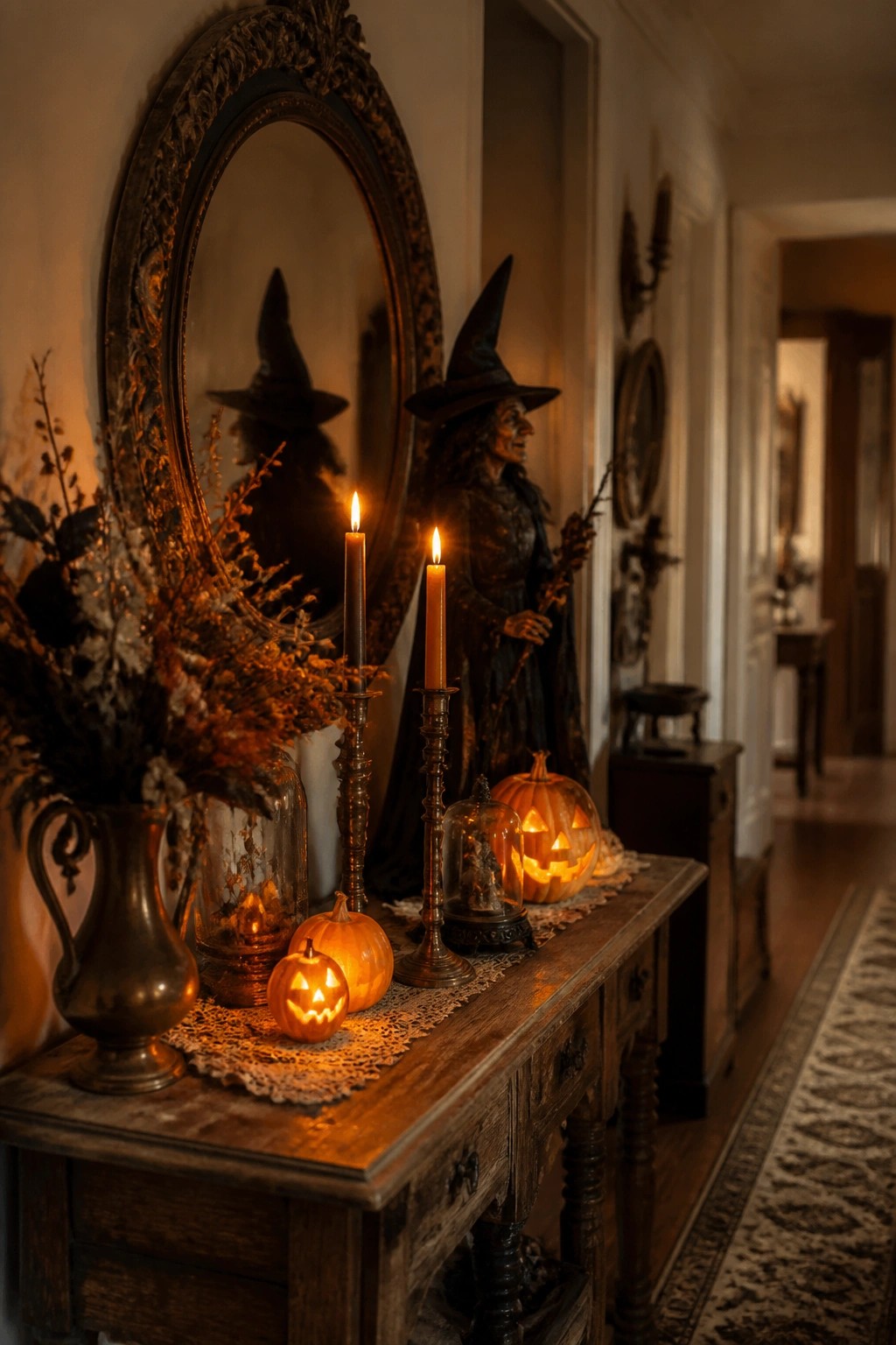 Vintage witch figure standing beside an ornate mirror on a wooden console table with carved pumpkins and lit candles.