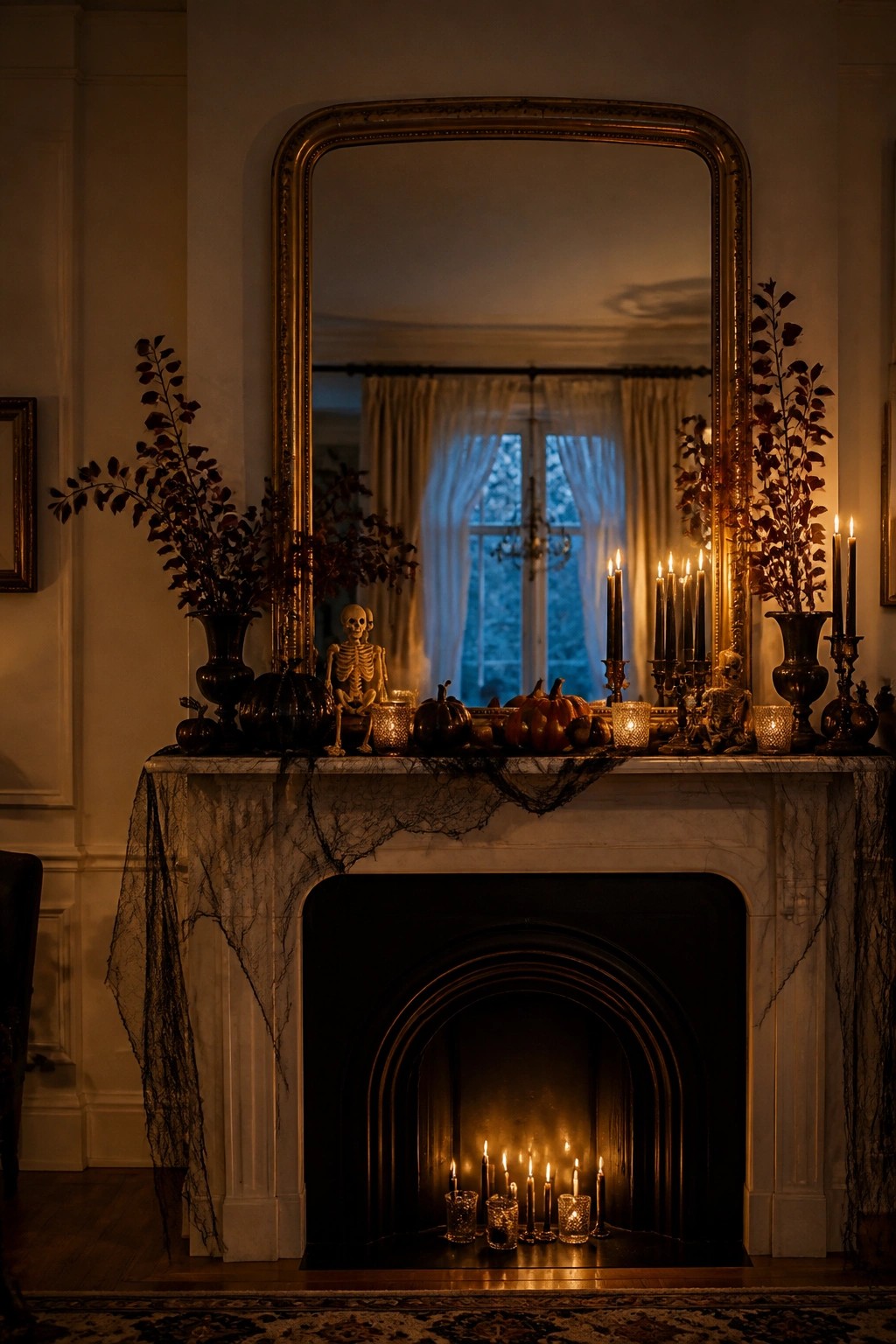 Marble fireplace mantel styled with two small skeletons, black taper candles, pumpkins, and black webbing beneath a large ornate mirror.