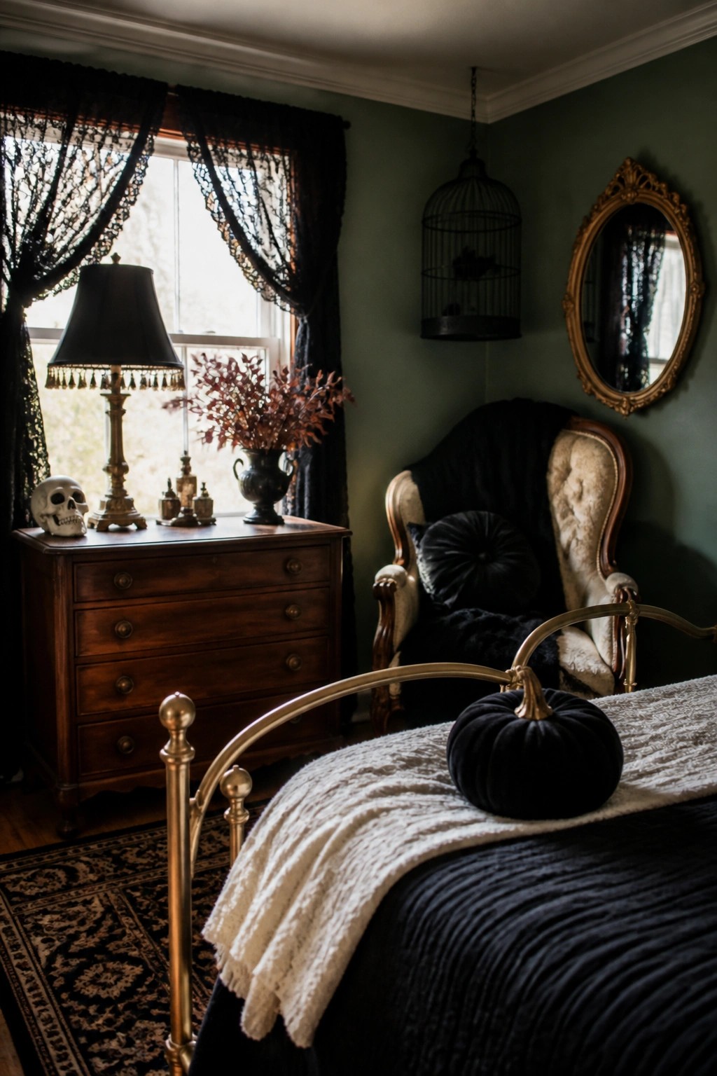 Bedroom dresser with a human skull, lamp, and small bottles beside a bed with a black velvet pumpkin.