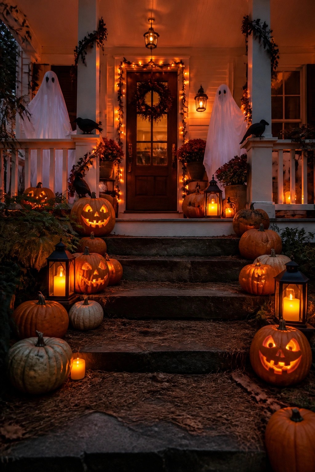 Front porch with two white ghost figures flanking a dark door, surrounded by carved pumpkins and lanterns on the steps and railings.