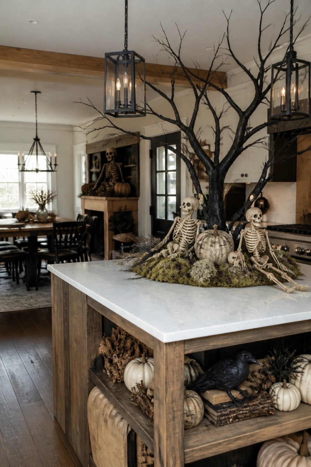Kitchen island topped with a large black branch, several seated skeletons, moss, and white pumpkins.