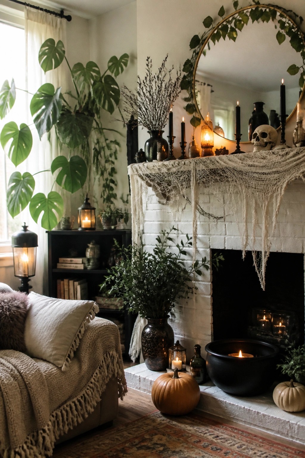 White brick fireplace mantel styled with a skull, black candles, draped gauze, and a cauldron on the hearth.