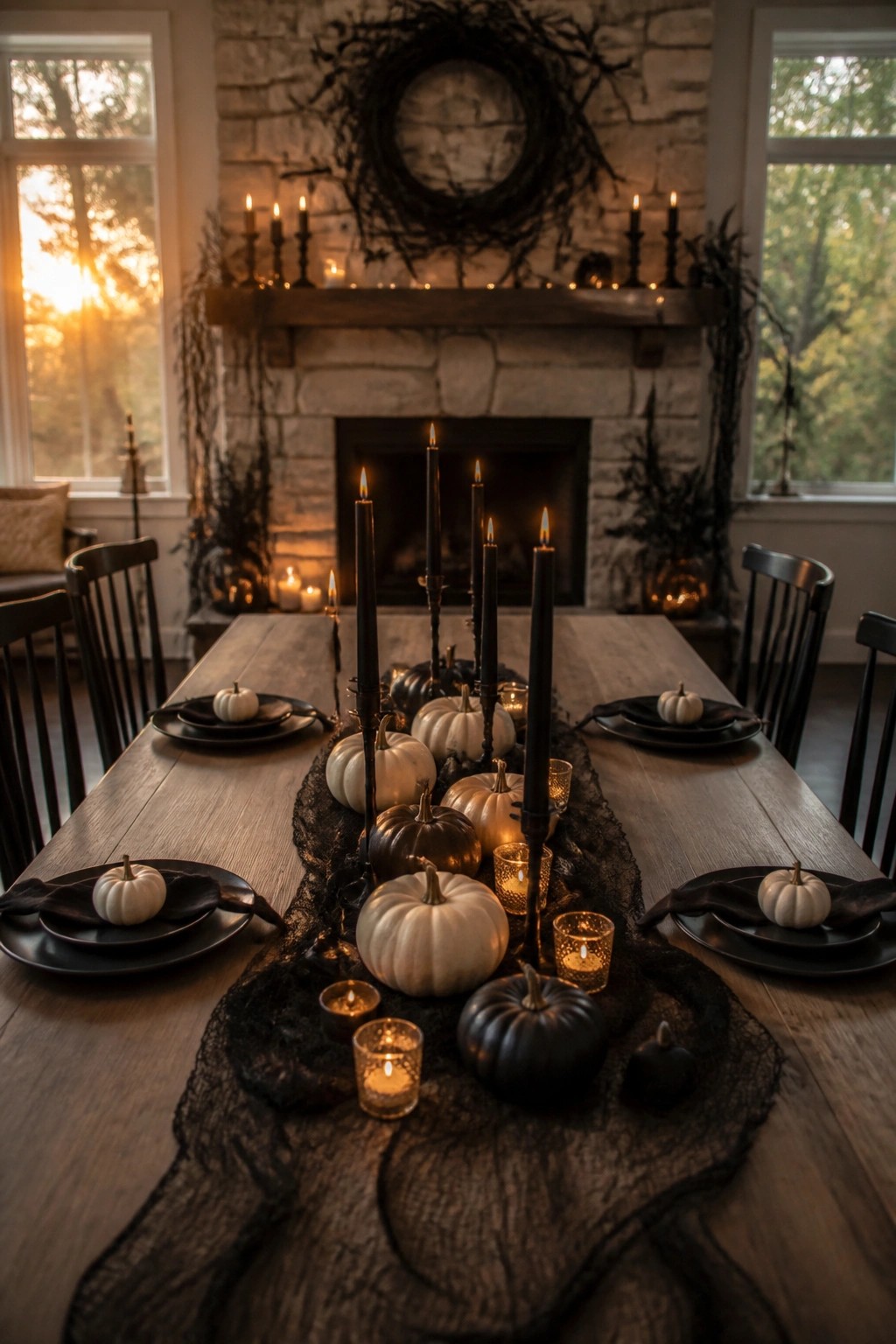 Long wooden dining table with black lace runner, white and black pumpkins, tall black candles, and small votive lights set in front of a stone fireplace.