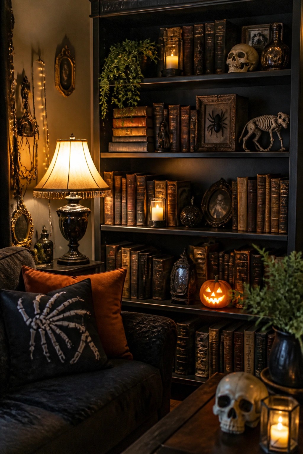 Dark built-in bookshelves filled with old books, skulls, a small skeleton animal figure, a framed spider, and a glowing jack-o'-lantern in a living room setting.