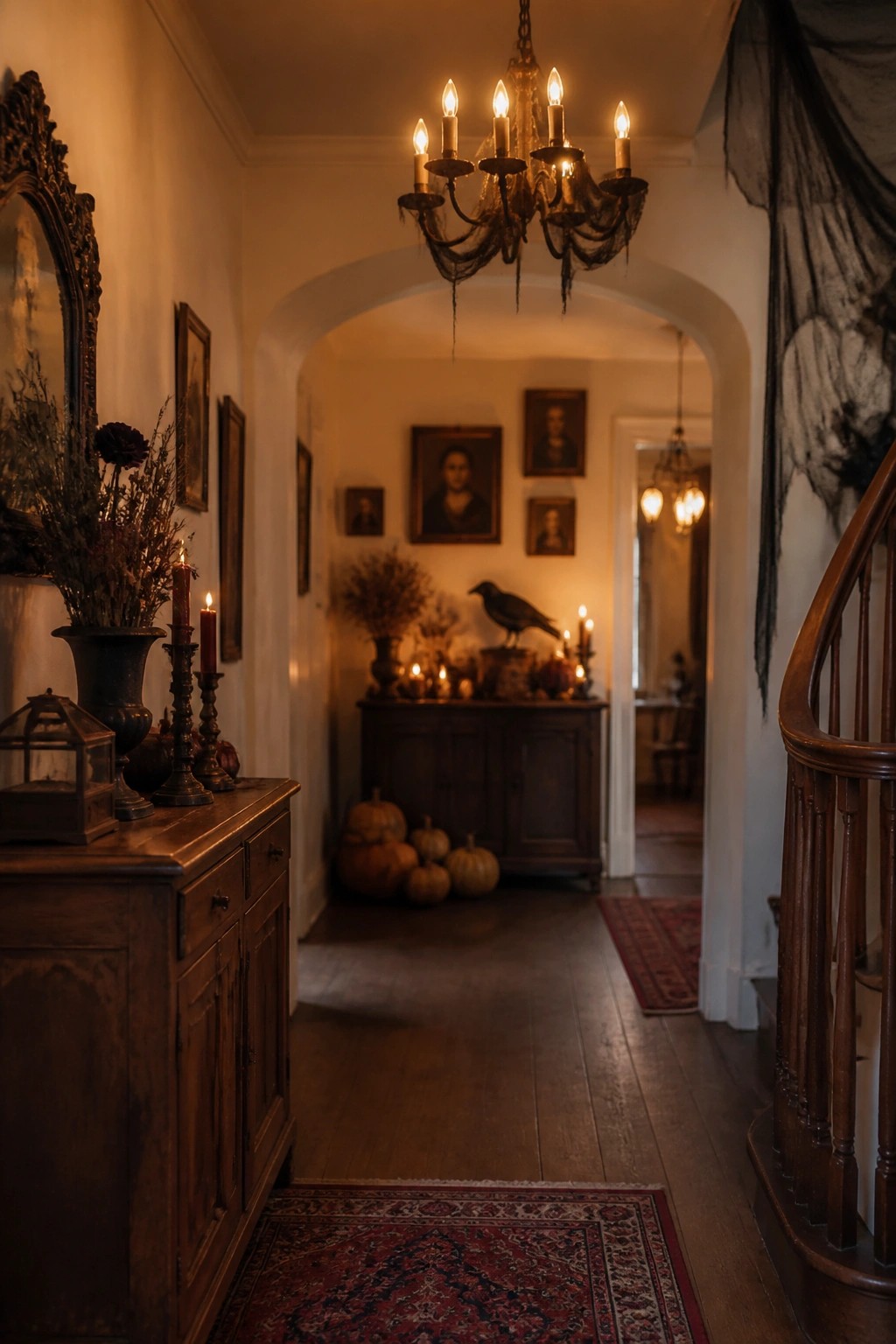 Entry hallway with a chandelier draped in black sheer fabric, a wooden console table with candles, and a crow statue on a cabinet in the background.