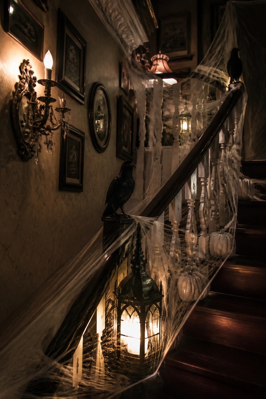 Dark wooden staircase lined with white spiderwebs, black crows on the railing, and a glowing lantern hanging from the banister.