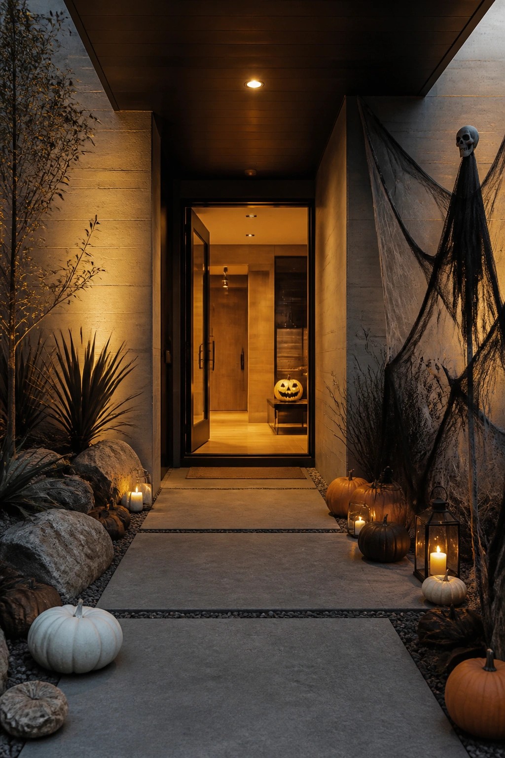 Modern concrete entryway lined with pumpkins, candles, spiderwebs, and skull at night