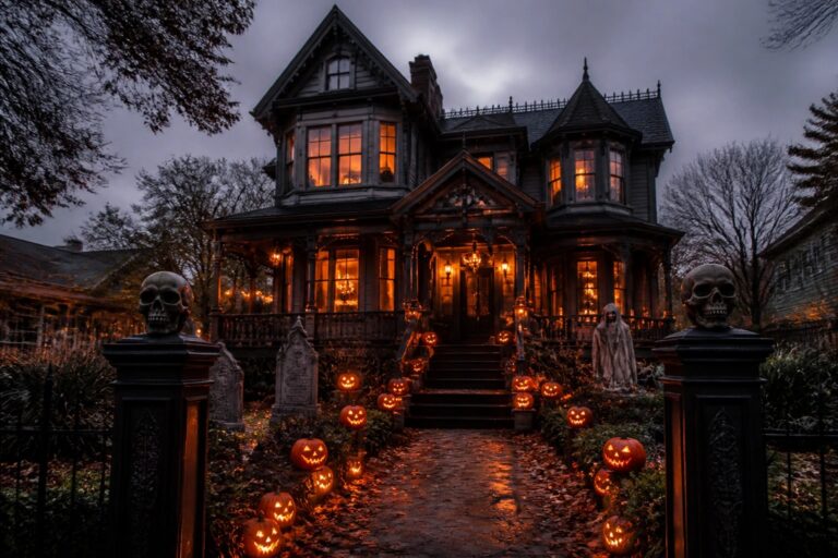 Front steps of a dark Victorian house lined with glowing carved jack-o'-lanterns of various sizes.