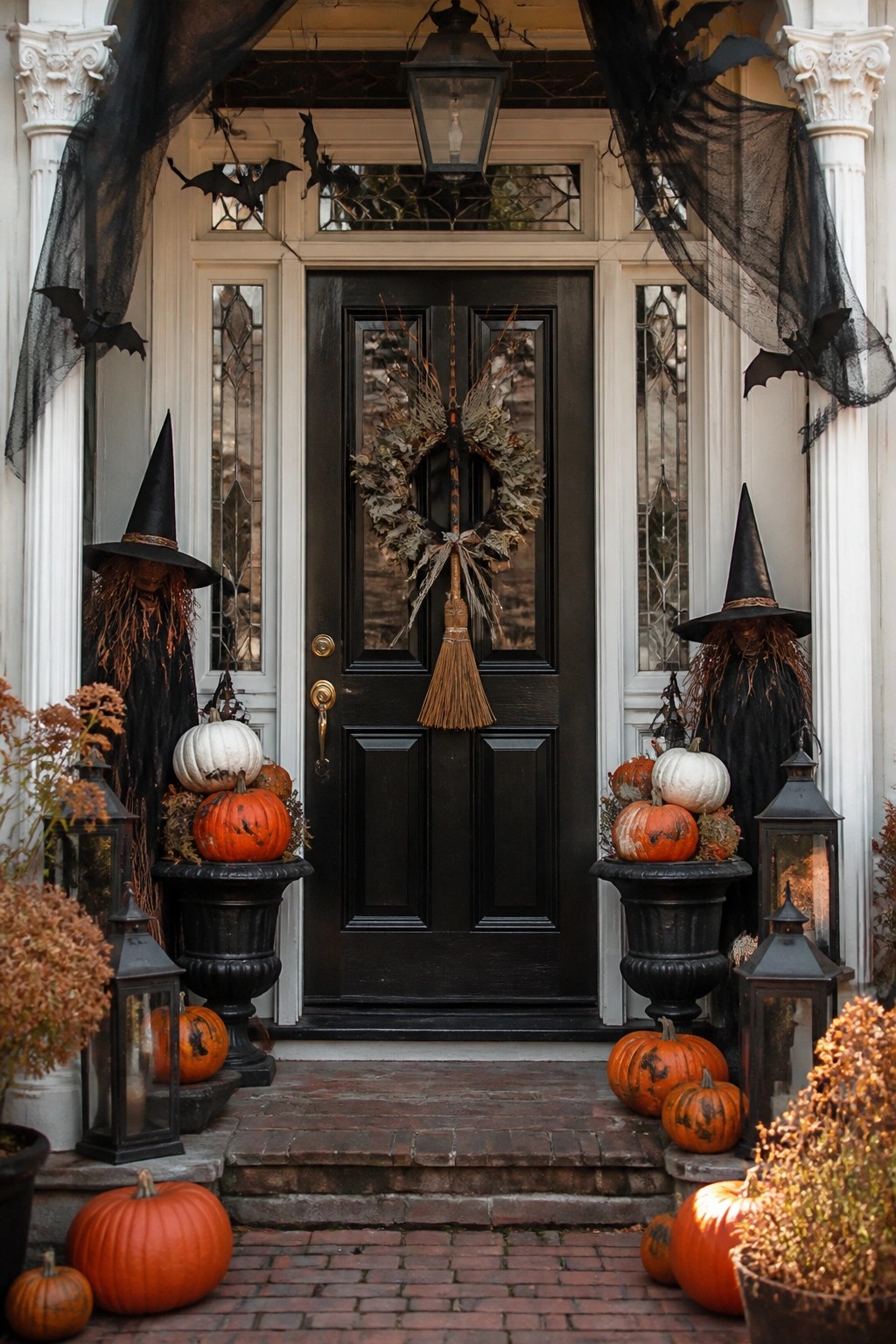Black front door with broom wreath, two witch figures on either side, pumpkins on black urns, and black bats hanging overhead.