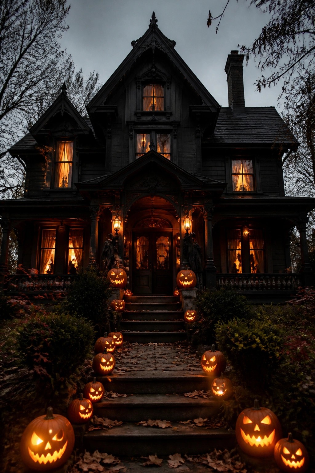 Front steps of a dark Victorian house lined with glowing carved jack-o'-lanterns of various sizes.