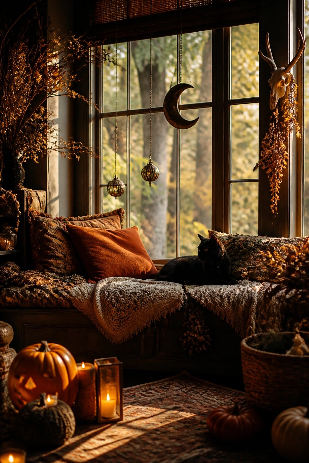 Black cat resting on cushioned window seat with pumpkins, candles, and autumn decor.