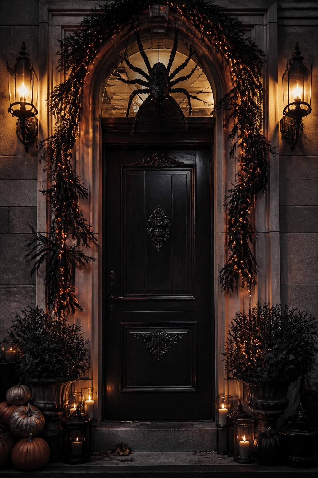 Dark front door with a large black spider decoration centered above it and garlands with string lights framing the entrance.