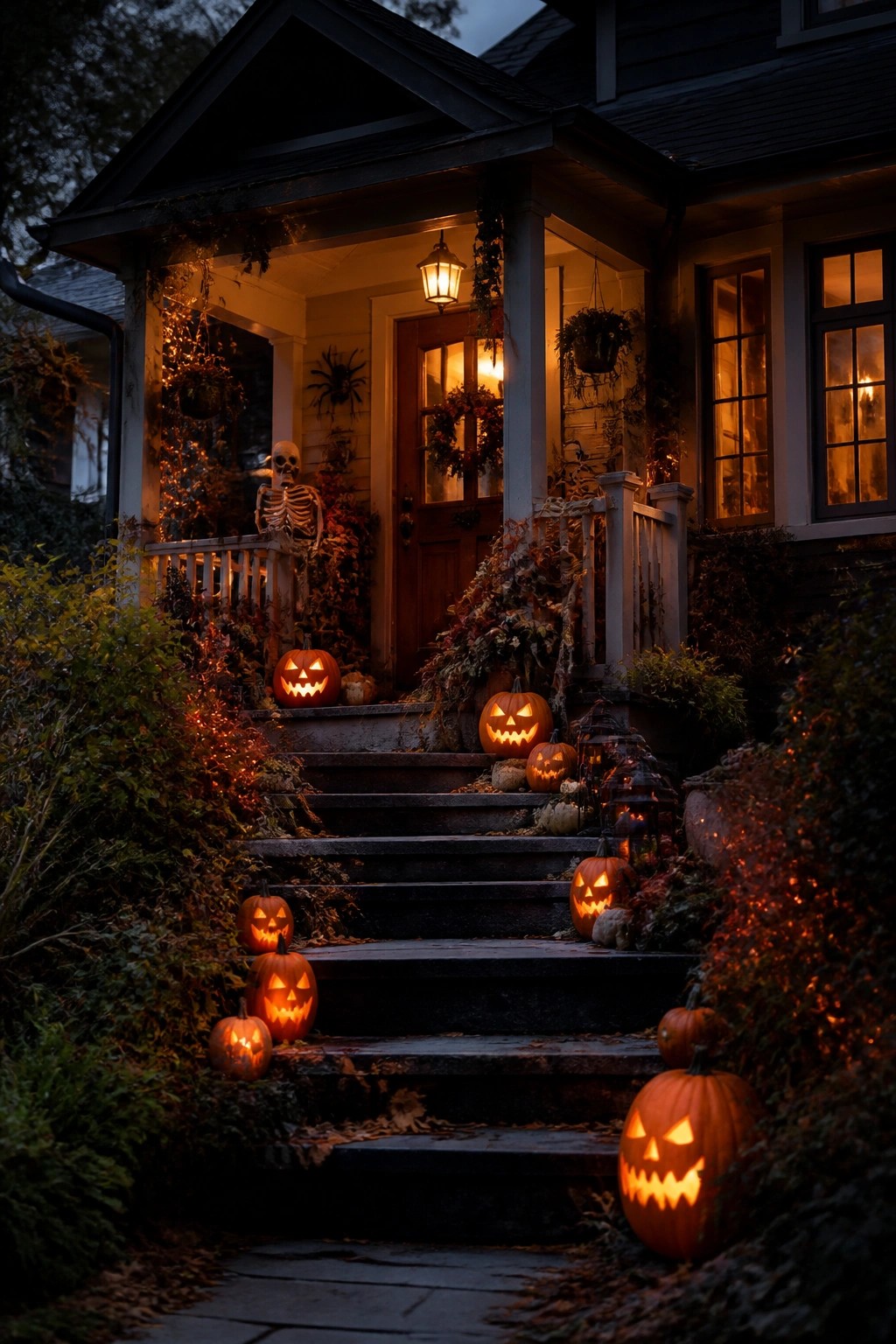 Front porch with many lit jack-o'-lanterns arranged on the stairs, a skeleton on the railing, and autumn foliage around the entrance.