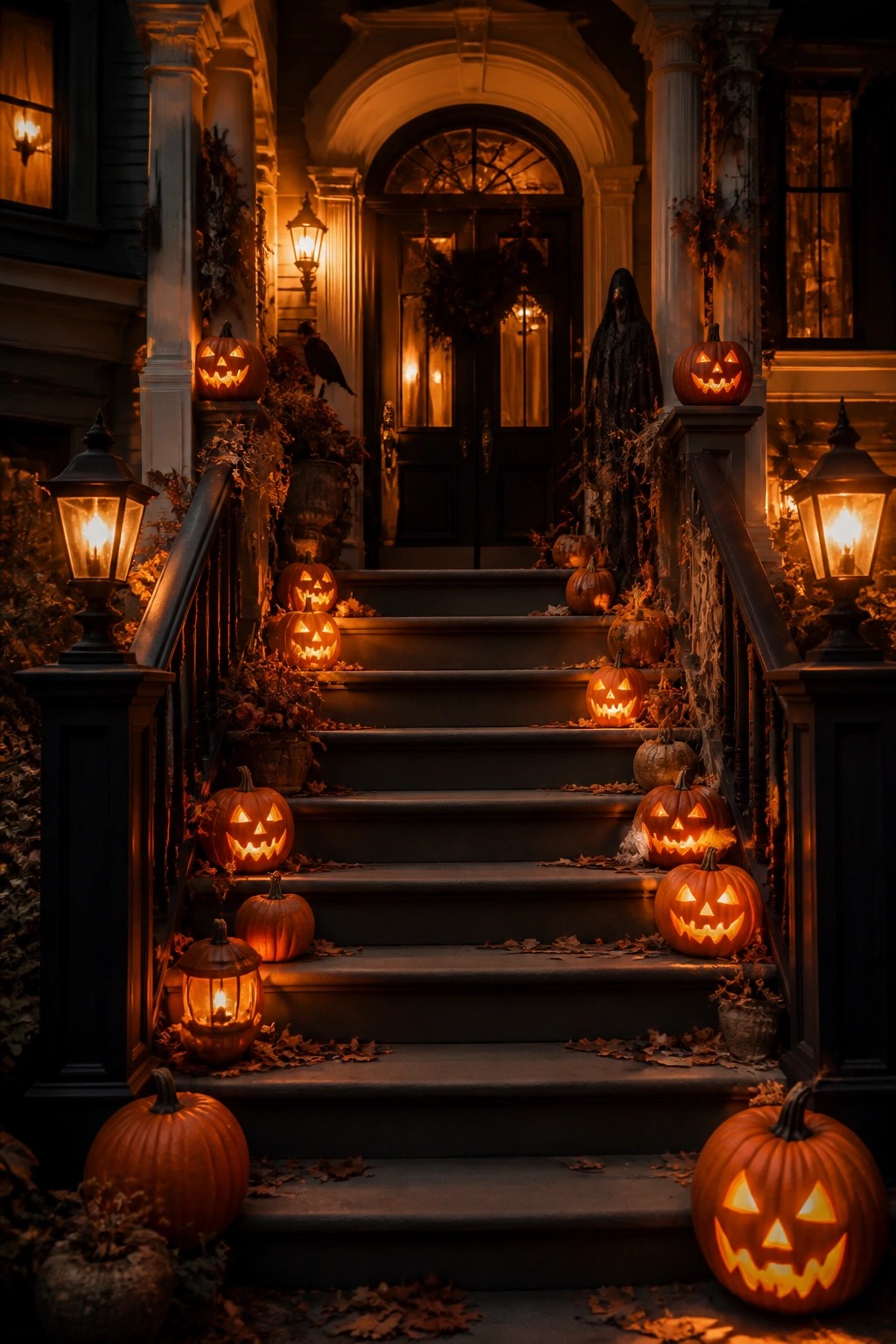 Exterior staircase lined with glowing carved jack o lanterns leading up to a front door, with a grim reaper figure standing nearby.