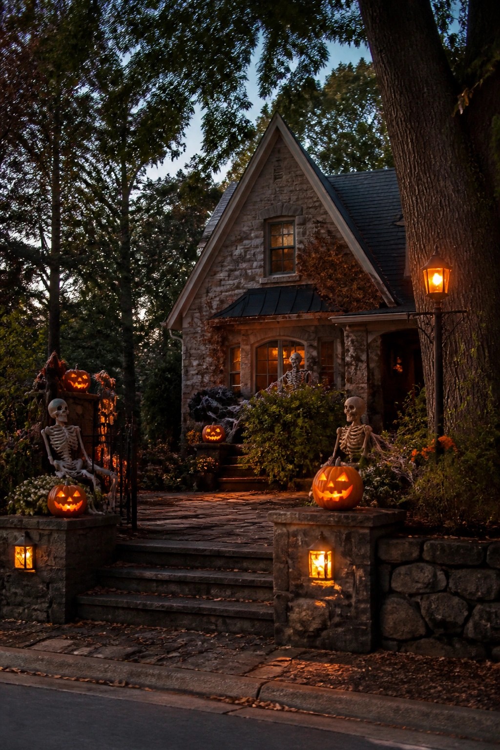 Stone house entrance decorated with multiple posed skeletons and glowing jack-o'-lanterns placed along the steps and stone pillars.