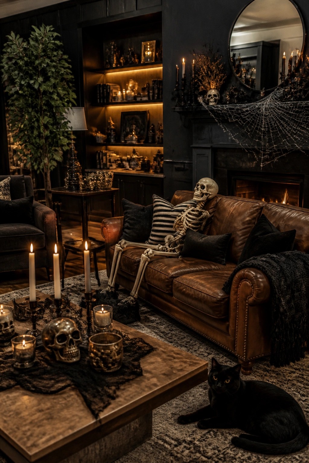 A human skeleton posed on a brown leather couch in a dark living room with candles, skulls, and a black cat nearby.
